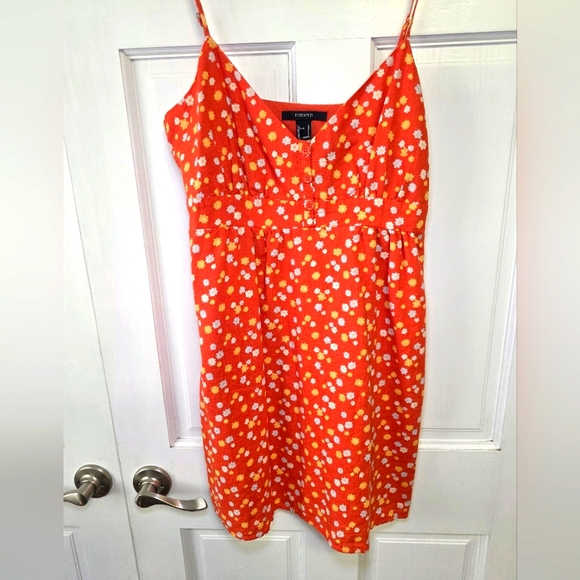 Forever 21 Linen Blend Button Detail Fully Lined Thin Strap Dress- Sz L Orange - Picture 2 of 10